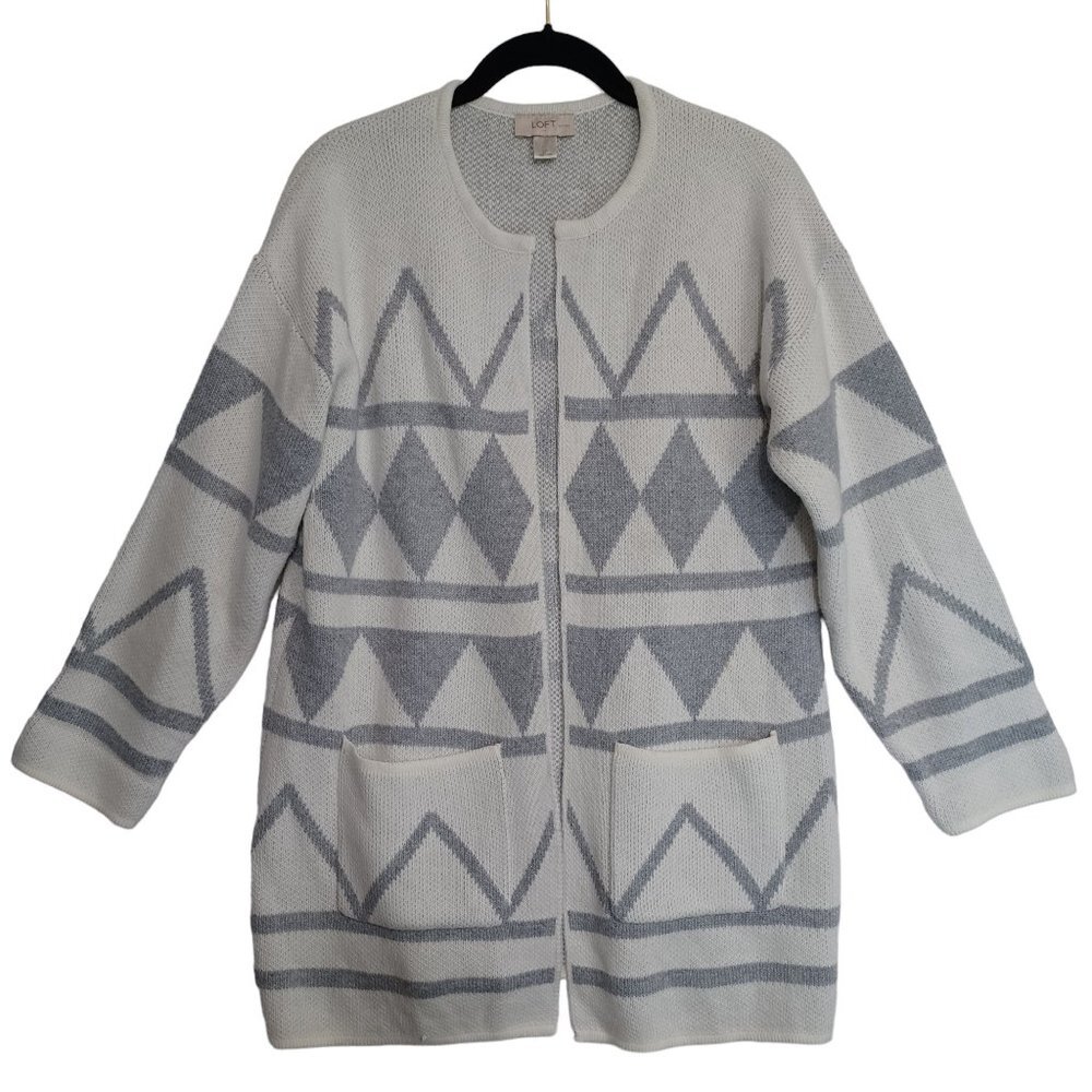 LOFT Petites Womens Geometric Aztec Open Front Cardigan Sweater Grey Cream LP